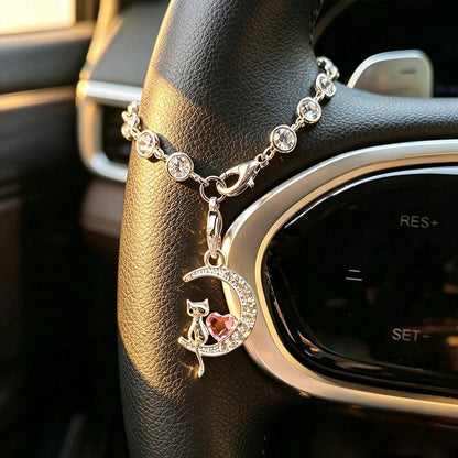 1pc Rhinestone Heart Moon Cat Car Hanging Ornament, Steering Wheel Decoration Chain Crystal Pendant, Premium Car Interior Decor Accessory