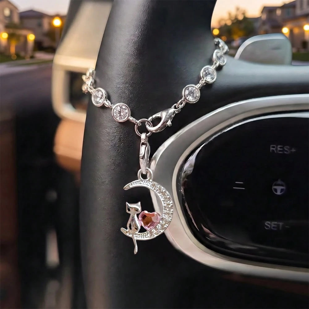 1pc Rhinestone Heart Moon Cat Car Hanging Ornament, Steering Wheel Decoration Chain Crystal Pendant, Premium Car Interior Decor Accessory
