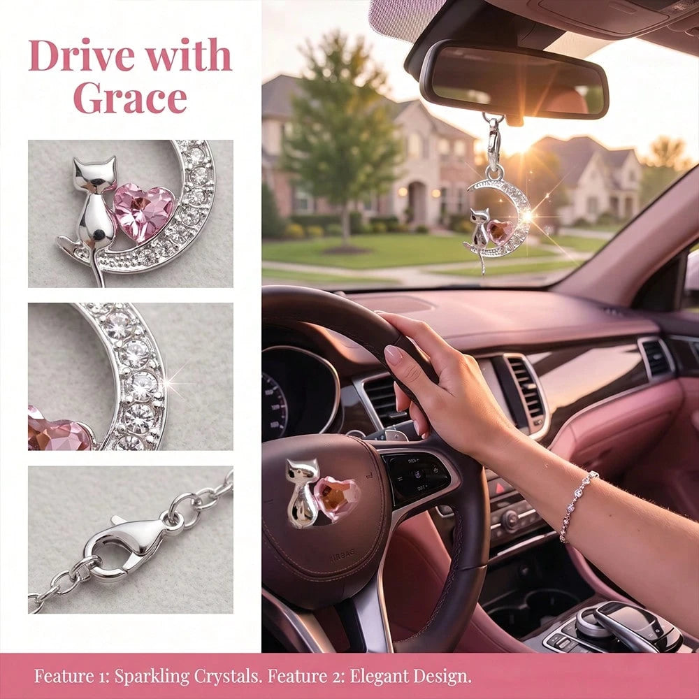 1pc Rhinestone Heart Moon Cat Car Hanging Ornament, Steering Wheel Decoration Chain Crystal Pendant, Premium Car Interior Decor Accessory
