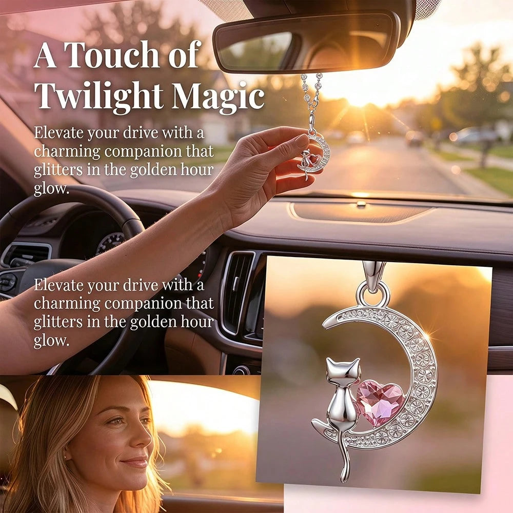 1pc Rhinestone Heart Moon Cat Car Hanging Ornament, Steering Wheel Decoration Chain Crystal Pendant, Premium Car Interior Decor Accessory