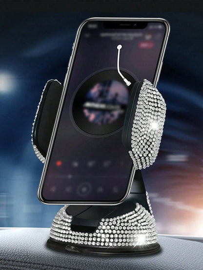 1pc Rhinestone Studded Car Phone Holder, Suction Cup Rotation Mount Smartphone Stand For Car Navigation Compatible With IPhone, Android Phone, Gift For Birthday, Family, Friends Car Accessories