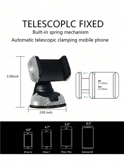 1pc Rhinestone Studded Car Phone Holder, Suction Cup Rotation Mount Smartphone Stand For Car Navigation Compatible With IPhone, Android Phone, Gift For Birthday, Family, Friends Car Accessories