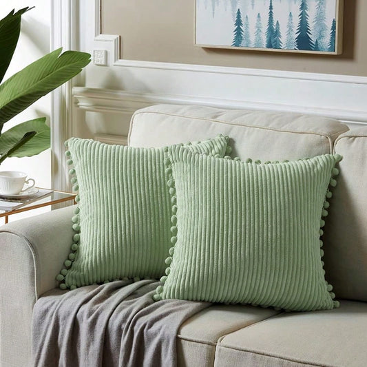 1pc Sage Green Decorative Throw Pillow Covers With Pom-Poms, Soft Corduroy Solid Square Cushion Cases Set For Couch Sofa Bedroom Car Living Room