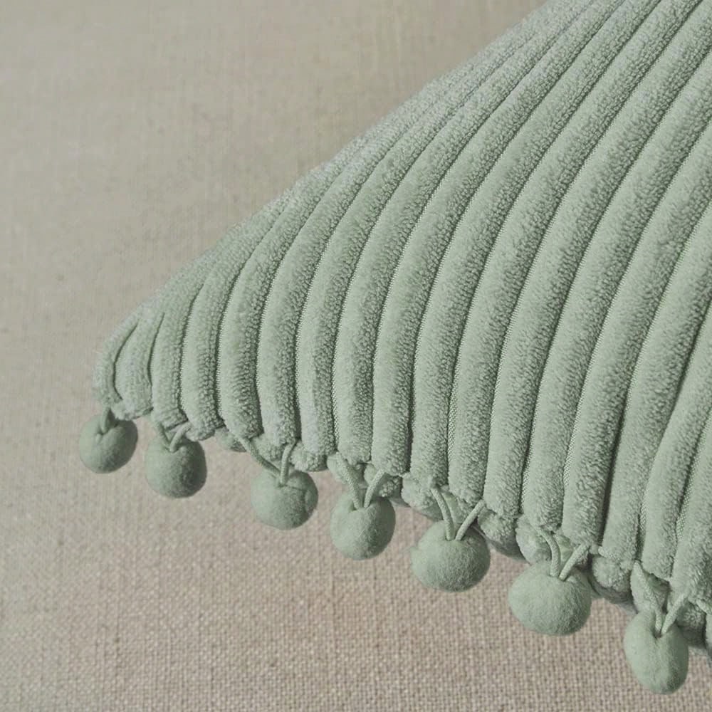 1pc Sage Green Decorative Throw Pillow Covers With Pom-Poms, Soft Corduroy Solid Square Cushion Cases Set For Couch Sofa Bedroom Car Living Room