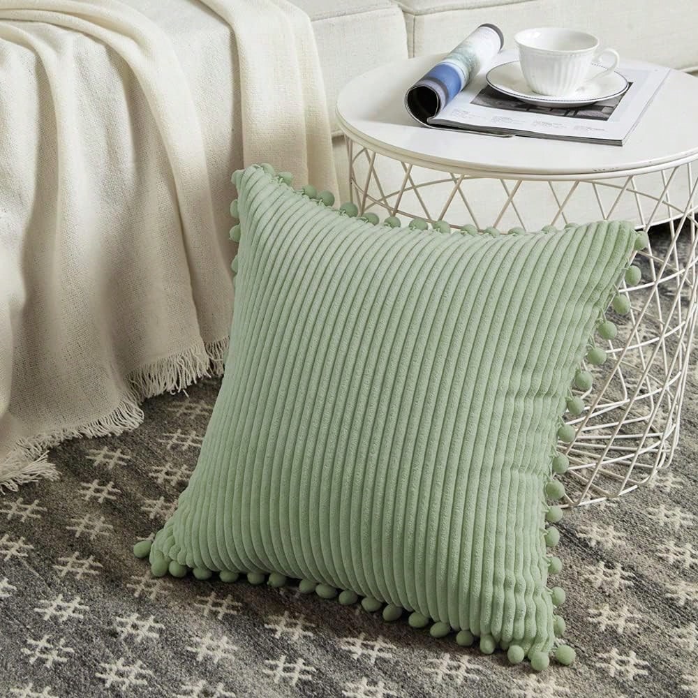 1pc Sage Green Decorative Throw Pillow Covers With Pom-Poms, Soft Corduroy Solid Square Cushion Cases Set For Couch Sofa Bedroom Car Living Room