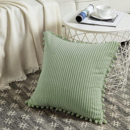 1pc Sage Green Decorative Throw Pillow Covers With Pom-Poms, Soft Corduroy Solid Square Cushion Cases Set For Couch Sofa Bedroom Car Living Room
