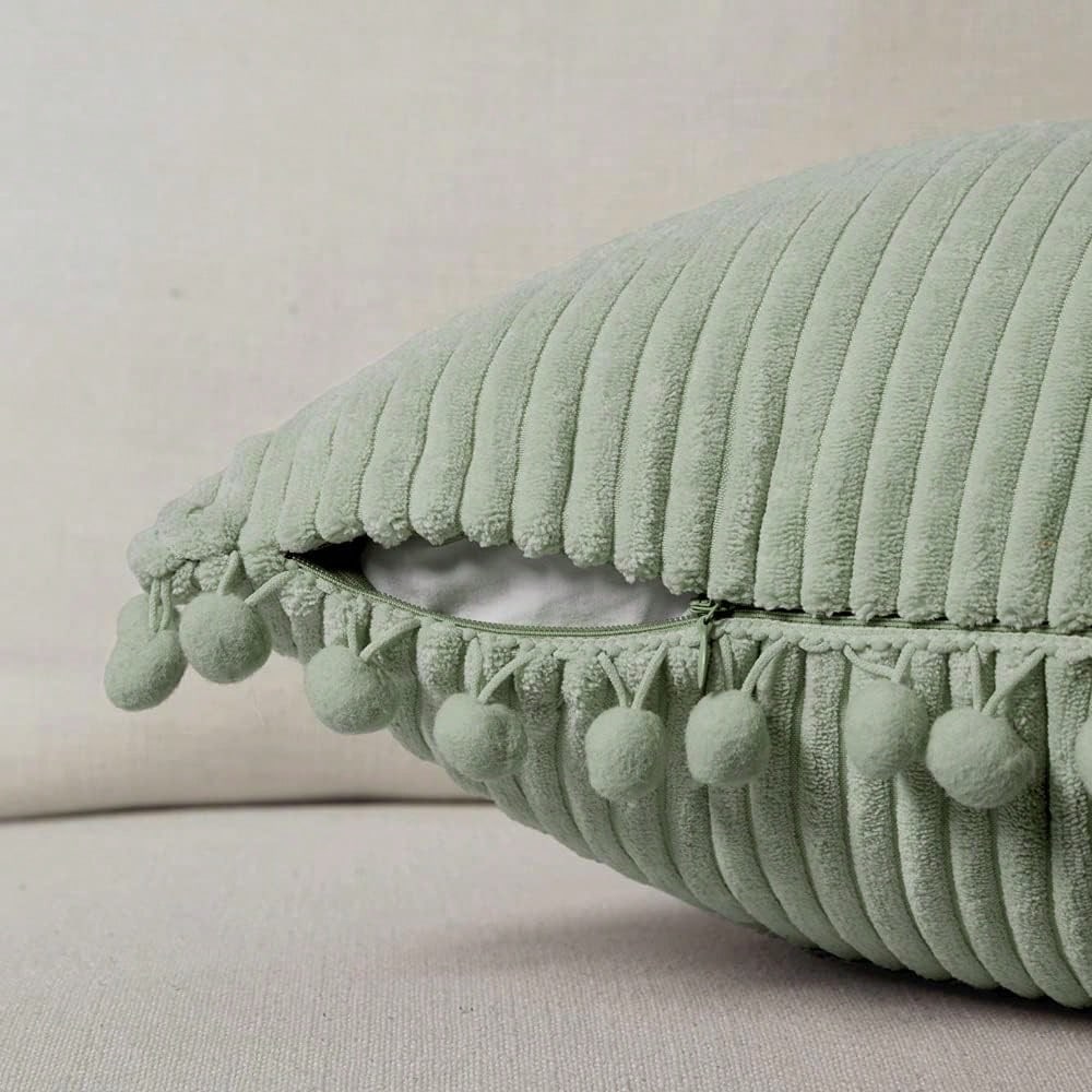 1pc Sage Green Decorative Throw Pillow Covers With Pom-Poms, Soft Corduroy Solid Square Cushion Cases Set For Couch Sofa Bedroom Car Living Room
