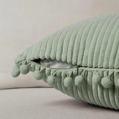 1pc Sage Green Decorative Throw Pillow Covers With Pom-Poms, Soft Corduroy Solid Square Cushion Cases Set For Couch Sofa Bedroom Car Living Room