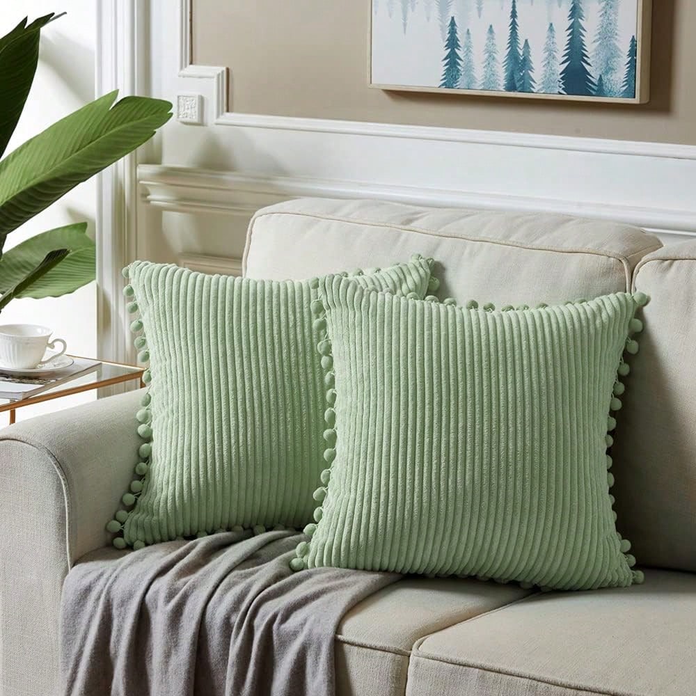 1pc Sage Green Decorative Throw Pillow Covers With Pom-Poms, Soft Corduroy Solid Square Cushion Cases Set For Couch Sofa Bedroom Car Living Room