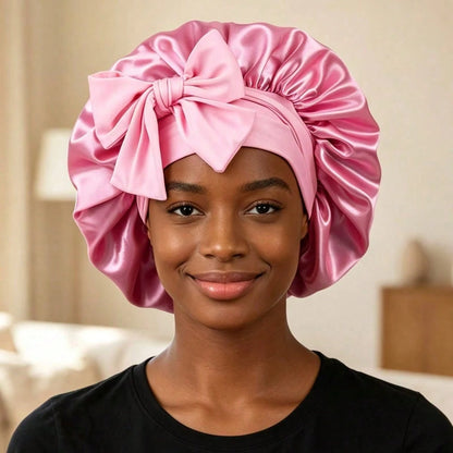 1pc Satin Bow Elastic Lightweight Shower Cap, Solid Color, Suitable For Women And Girls, Black, Valentine's Day Gift Sleep Cap