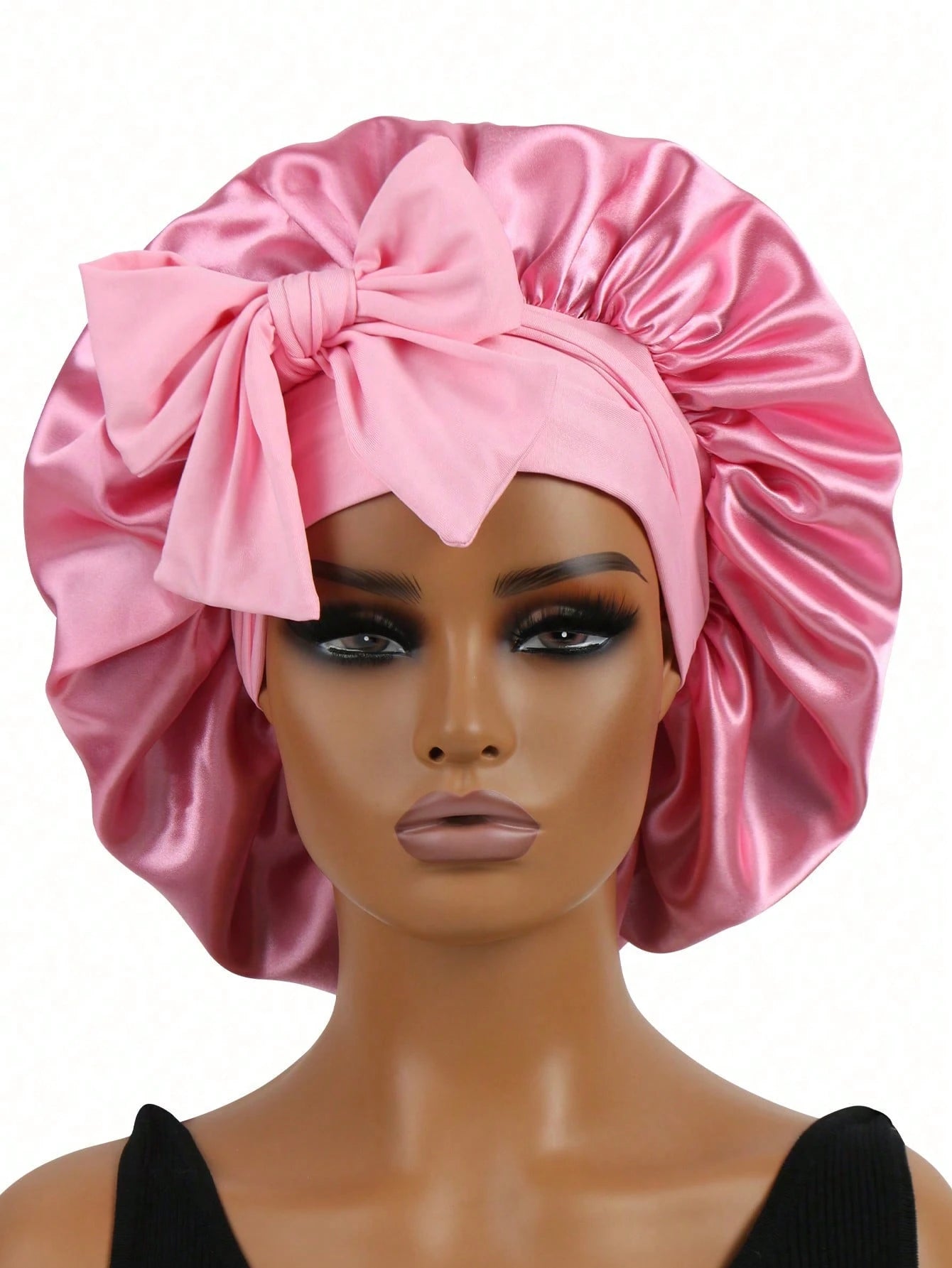 1pc Satin Bow Elastic Lightweight Shower Cap, Solid Color, Suitable For Women And Girls, Black, Valentine's Day Gift Sleep Cap