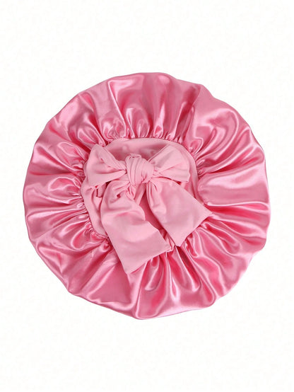 1pc Satin Bow Elastic Lightweight Shower Cap, Solid Color, Suitable For Women And Girls, Black, Valentine's Day Gift Sleep Cap