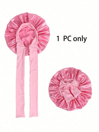 1pc Satin Bow Elastic Lightweight Shower Cap, Solid Color, Suitable For Women And Girls, Black, Valentine's Day Gift Sleep Cap