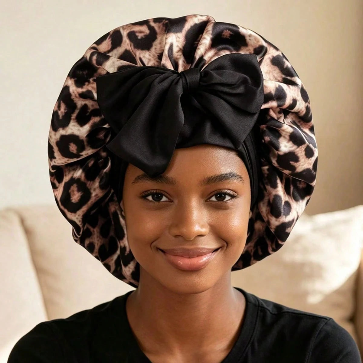 1pc Satin Bow Elastic Lightweight Shower Cap, Solid Color, Suitable For Women And Girls, Black, Valentine's Day Gift Sleep Cap