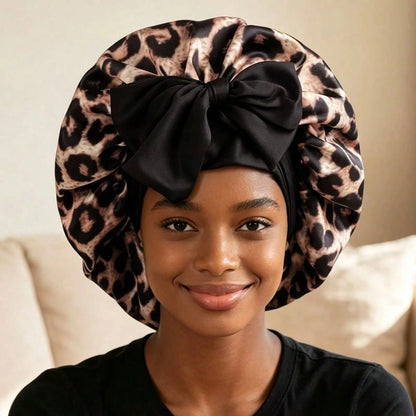 1pc Satin Bow Elastic Lightweight Shower Cap, Solid Color, Suitable For Women And Girls, Black, Valentine's Day Gift Sleep Cap