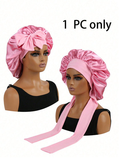 1pc Satin Bow Elastic Lightweight Shower Cap, Solid Color, Suitable For Women And Girls, Black, Valentine's Day Gift Sleep Cap