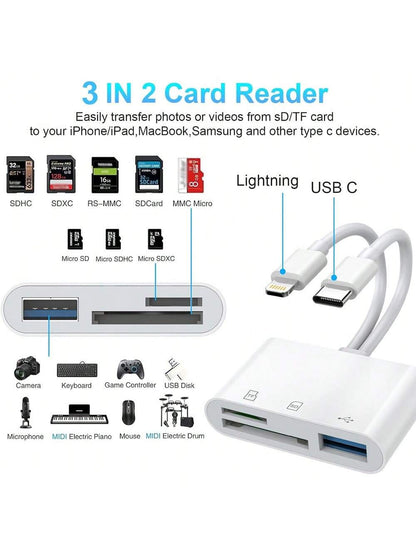 1pc SD Card Reader 2-In-1 USB Adapter, SD/TF Card Viewer With USB 3.0 Memory Card Reader Suitable For/IPad/ 15 Pro Max/15 Pro/15 Plus/15/14/13/12/11/XS/XR/8/7/6, Series, Plug And Play