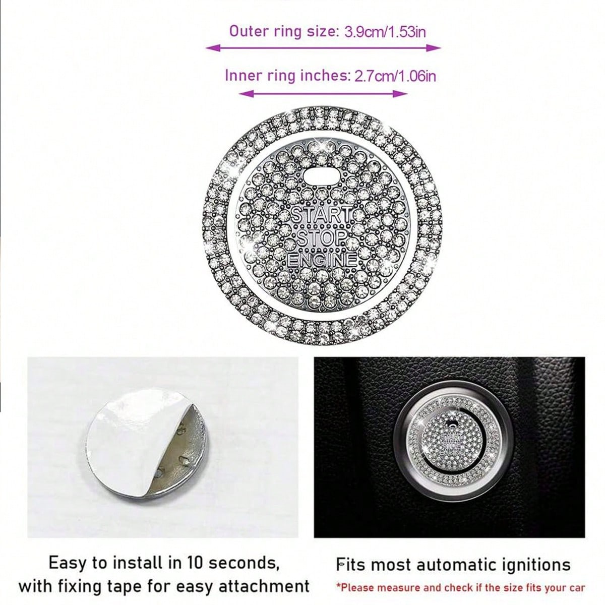 1pc Shiny Car Engine Start Stop Button Cover, Shiny Rhinestone Ring Trim, Scratch Resistant, Non-Slip, Easy To Install, Universal Vehicle Start Button Protector Cap Accessories