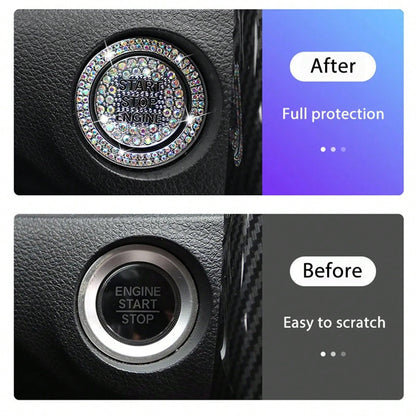 1pc Shiny Car Engine Start Stop Button Cover, Shiny Rhinestone Ring Trim, Scratch Resistant, Non-Slip, Easy To Install, Universal Vehicle Start Button Protector Cap Accessories