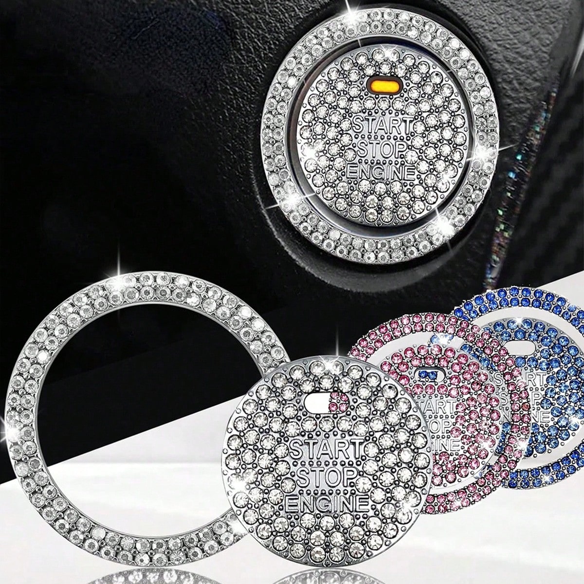 1pc Shiny Car Engine Start Stop Button Cover, Shiny Rhinestone Ring Trim, Scratch Resistant, Non-Slip, Easy To Install, Universal Vehicle Start Button Protector Cap Accessories
