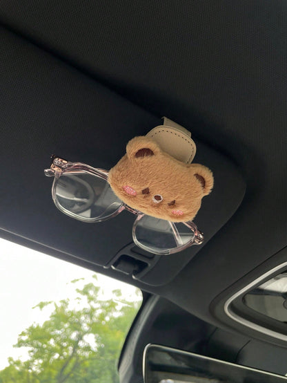 1pc Shy Bear & Rabbit Car Fashion Glasses Clip, Creative Multifunctional Car Sun Visor Storage Clip Glasses Holder, Cartoon Plush Accessory Blush Bear & Rabbit Car Fashion Glasses Clip, Magnetic Fashi