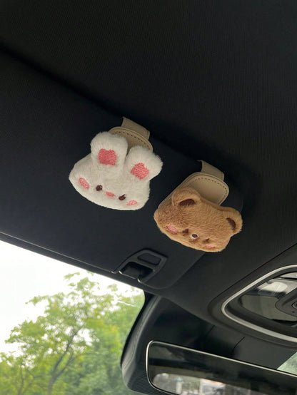 1pc Shy Bear & Rabbit Car Fashion Glasses Clip, Creative Multifunctional Car Sun Visor Storage Clip Glasses Holder, Cartoon Plush Accessory Blush Bear & Rabbit Car Fashion Glasses Clip, Magnetic Fashi