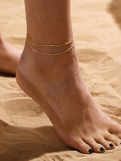 1pc Stainless Steel Double-Layered Stacked Anklet, Bohemian Beach Style Foot Chain, Ideal Gift For Women Valentine's Day Accessories