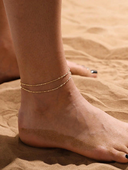 1pc Stainless Steel Double-Layered Stacked Anklet, Bohemian Beach Style Foot Chain, Ideal Gift For Women Valentine's Day Accessories