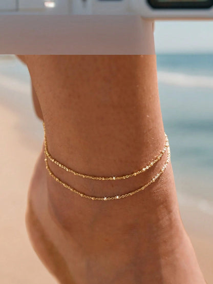 1pc Stainless Steel Double-Layered Stacked Anklet, Bohemian Beach Style Foot Chain, Ideal Gift For Women Valentine's Day Accessories