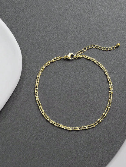 1pc Stainless Steel Double-Layered Stacked Anklet, Bohemian Beach Style Foot Chain, Ideal Gift For Women Valentine's Day Accessories