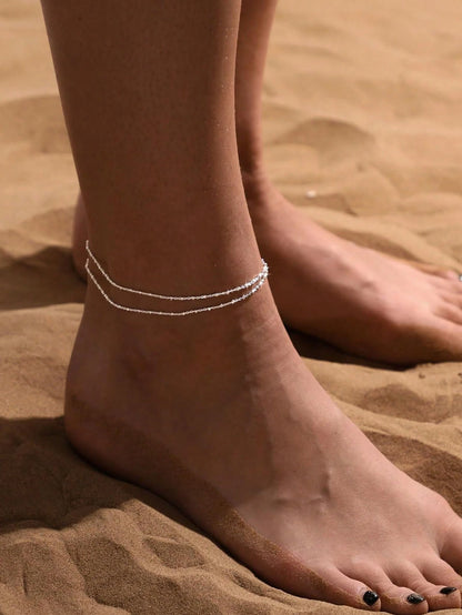 1pc Stainless Steel Double-Layered Stacked Anklet, Bohemian Beach Style Foot Chain, Ideal Gift For Women Valentine's Day Accessories