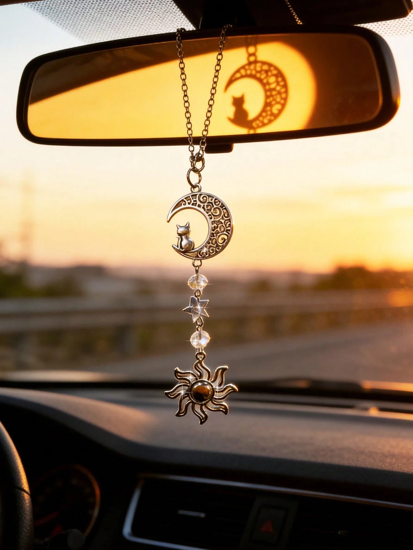 1pc Star & Moon Cat Car Decor, Rearview Mirror Pendant, Sunflower Crystal Interior Hanging Ornament