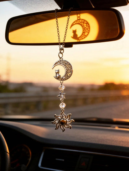 1pc Star & Moon Cat Car Decor, Rearview Mirror Pendant, Sunflower Crystal Interior Hanging Ornament