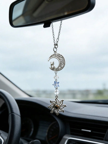 1pc Star & Moon Cat Car Decor, Rearview Mirror Pendant, Sunflower Crystal Interior Hanging Ornament
