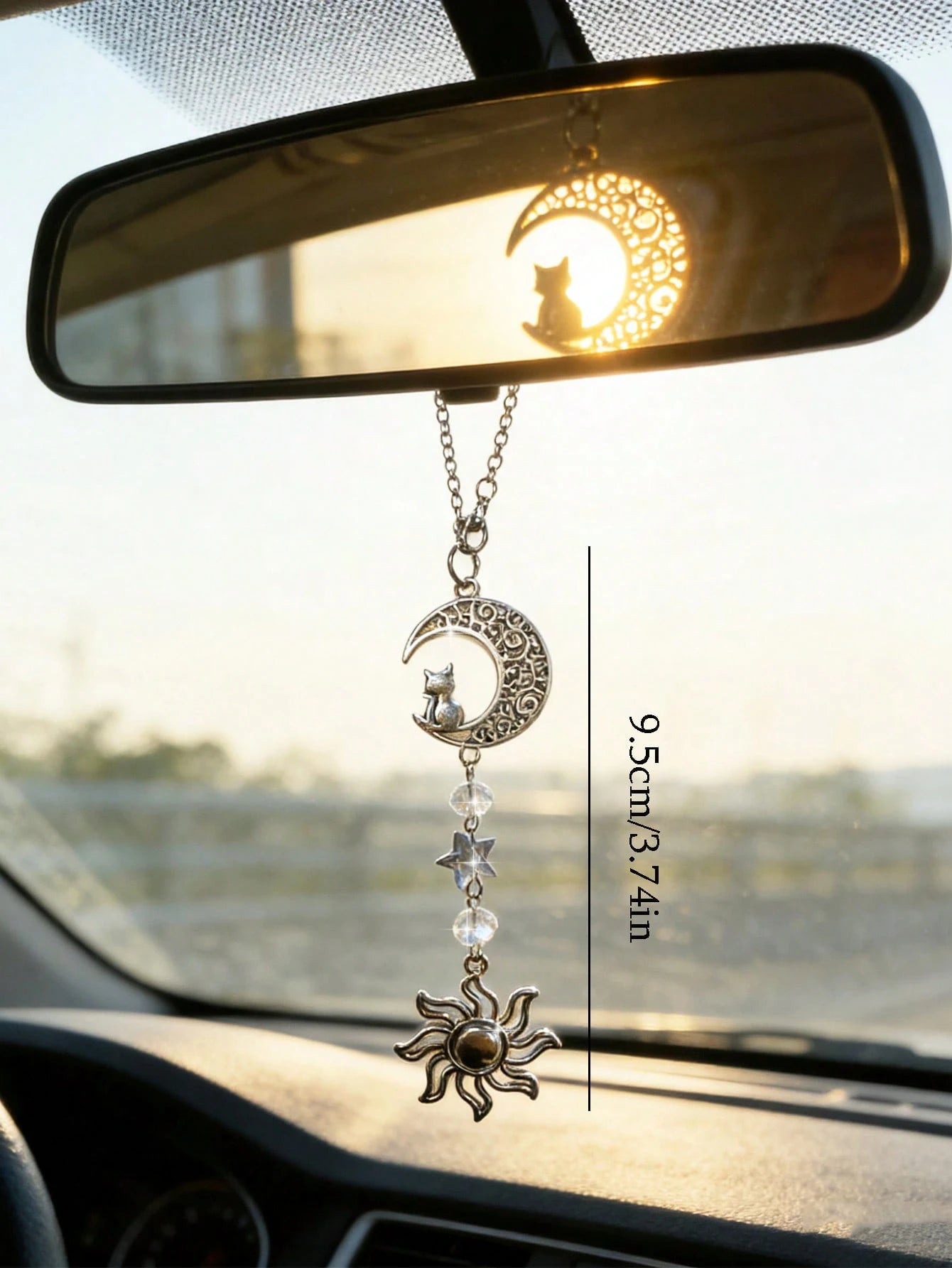 1pc Star & Moon Cat Car Decor, Rearview Mirror Pendant, Sunflower Crystal Interior Hanging Ornament
