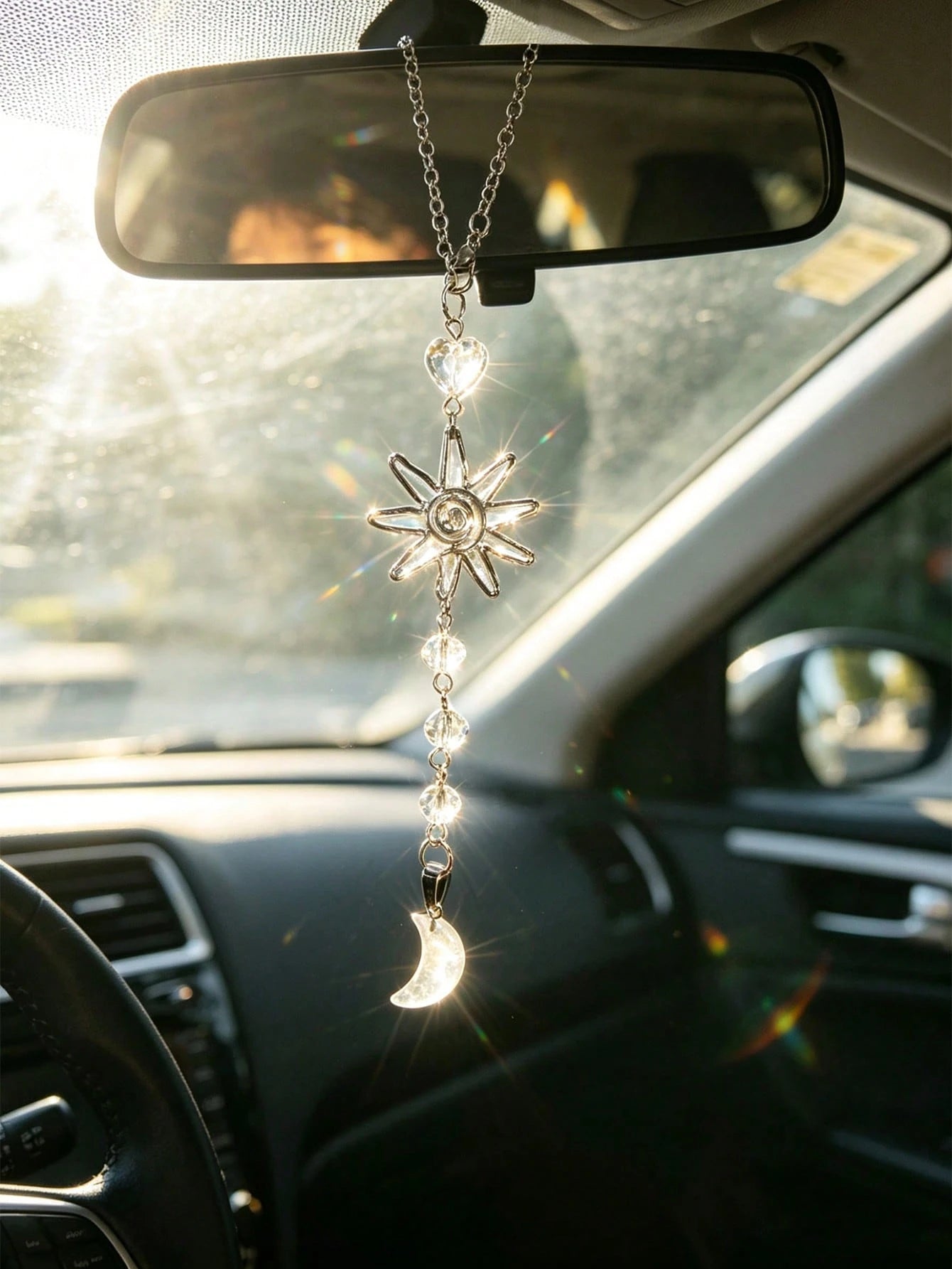 1pc Star & Moon Cat Car Decor, Rearview Mirror Pendant, Sunflower Crystal Interior Hanging Ornament