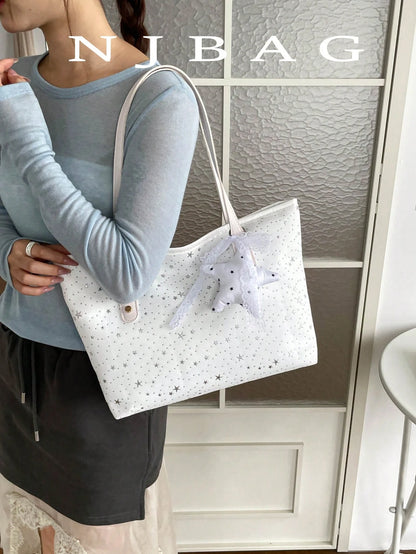 1pc Star Pendant Decor Star Pattern Polyester Large Capacity Zipper Fashion Shoulder Bag, Suitable For Women's Daily Use