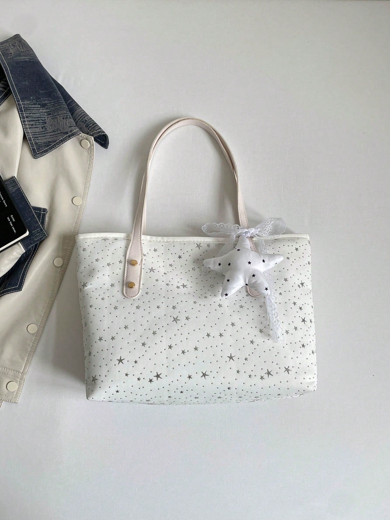 1pc Star Pendant Decor Star Pattern Polyester Large Capacity Zipper Fashion Shoulder Bag, Suitable For Women's Daily Use