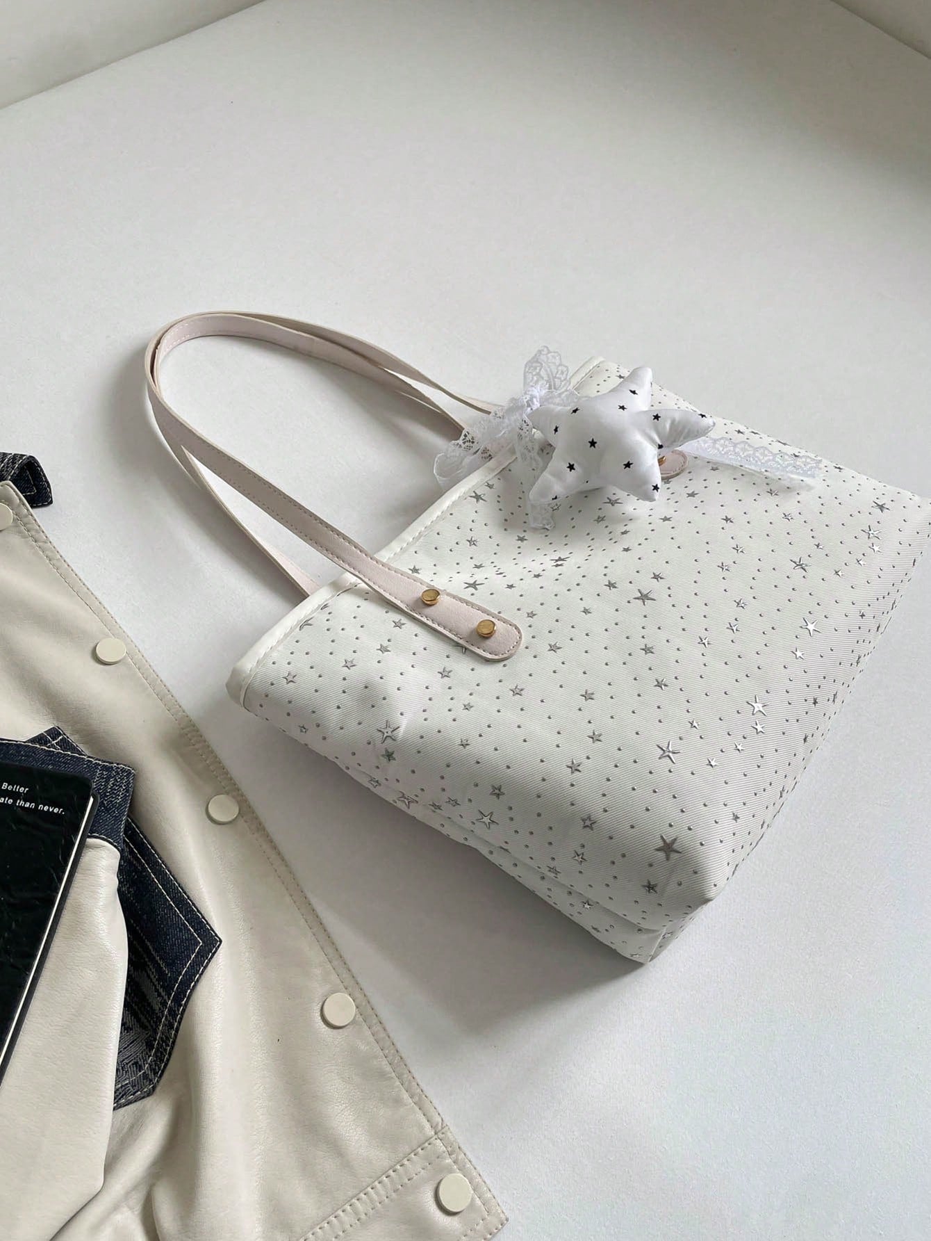 1pc Star Pendant Decor Star Pattern Polyester Large Capacity Zipper Fashion Shoulder Bag, Suitable For Women's Daily Use