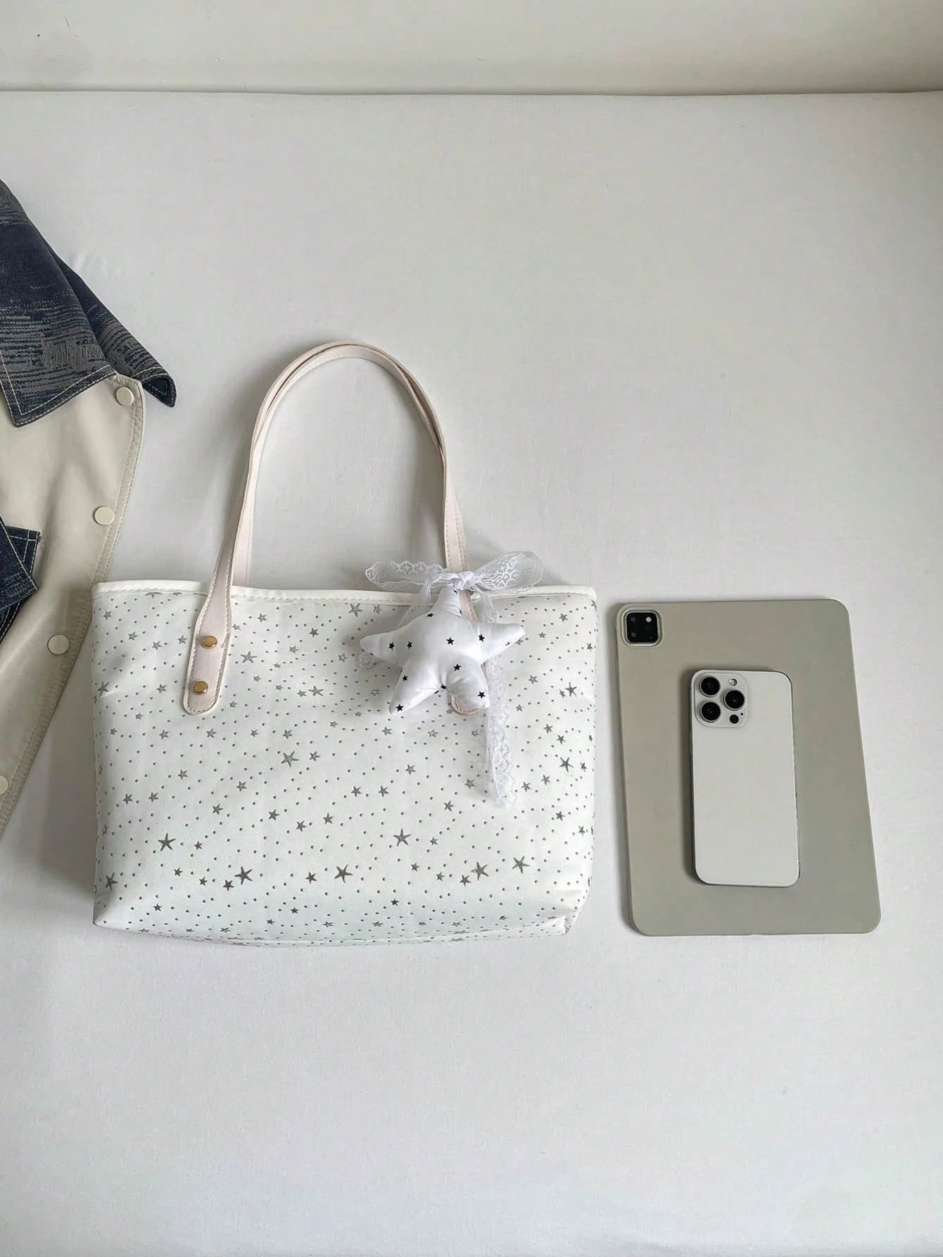 1pc Star Pendant Decor Star Pattern Polyester Large Capacity Zipper Fashion Shoulder Bag, Suitable For Women's Daily Use