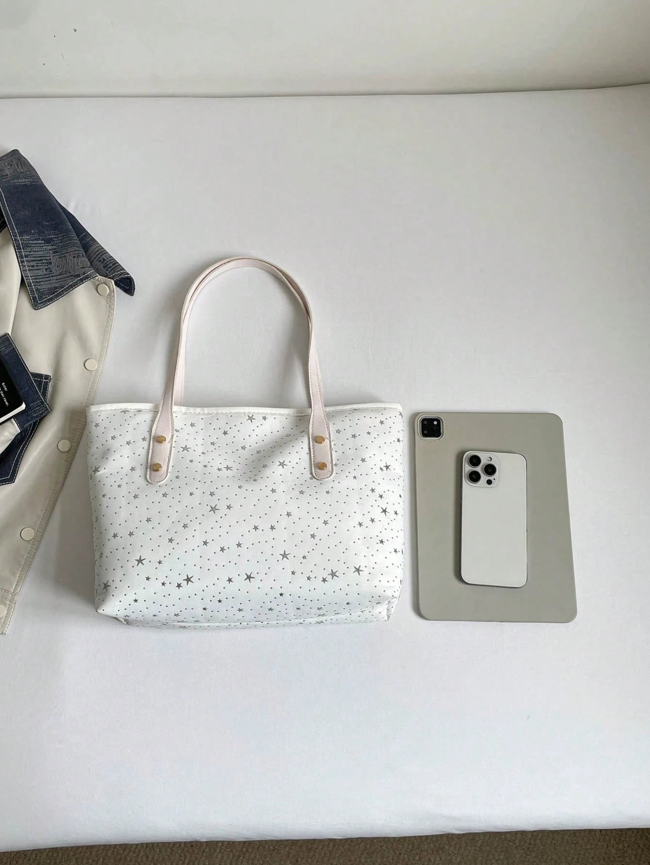 1pc Star Pendant Decor Star Pattern Polyester Large Capacity Zipper Fashion Shoulder Bag, Suitable For Women's Daily Use