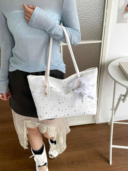 1pc Star Pendant Decor Star Pattern Polyester Large Capacity Zipper Fashion Shoulder Bag, Suitable For Women's Daily Use