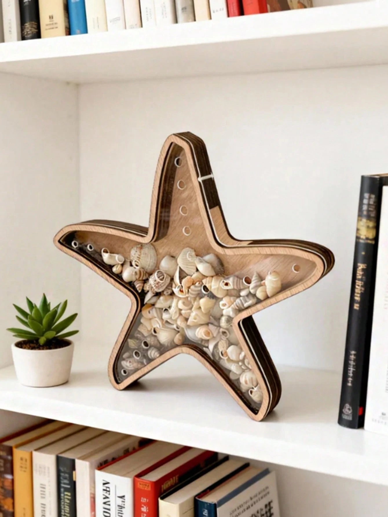 1pc Starfish Desktop Display Stand Ocean Theme Decor Jewelry Storage Rack Wooden Transparent Coin Bank Starfish Display Box Creative Wooden
