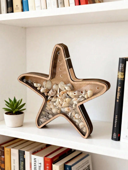 1pc Starfish Desktop Display Stand Ocean Theme Decor Jewelry Storage Rack Wooden Transparent Coin Bank Starfish Display Box Creative Wooden