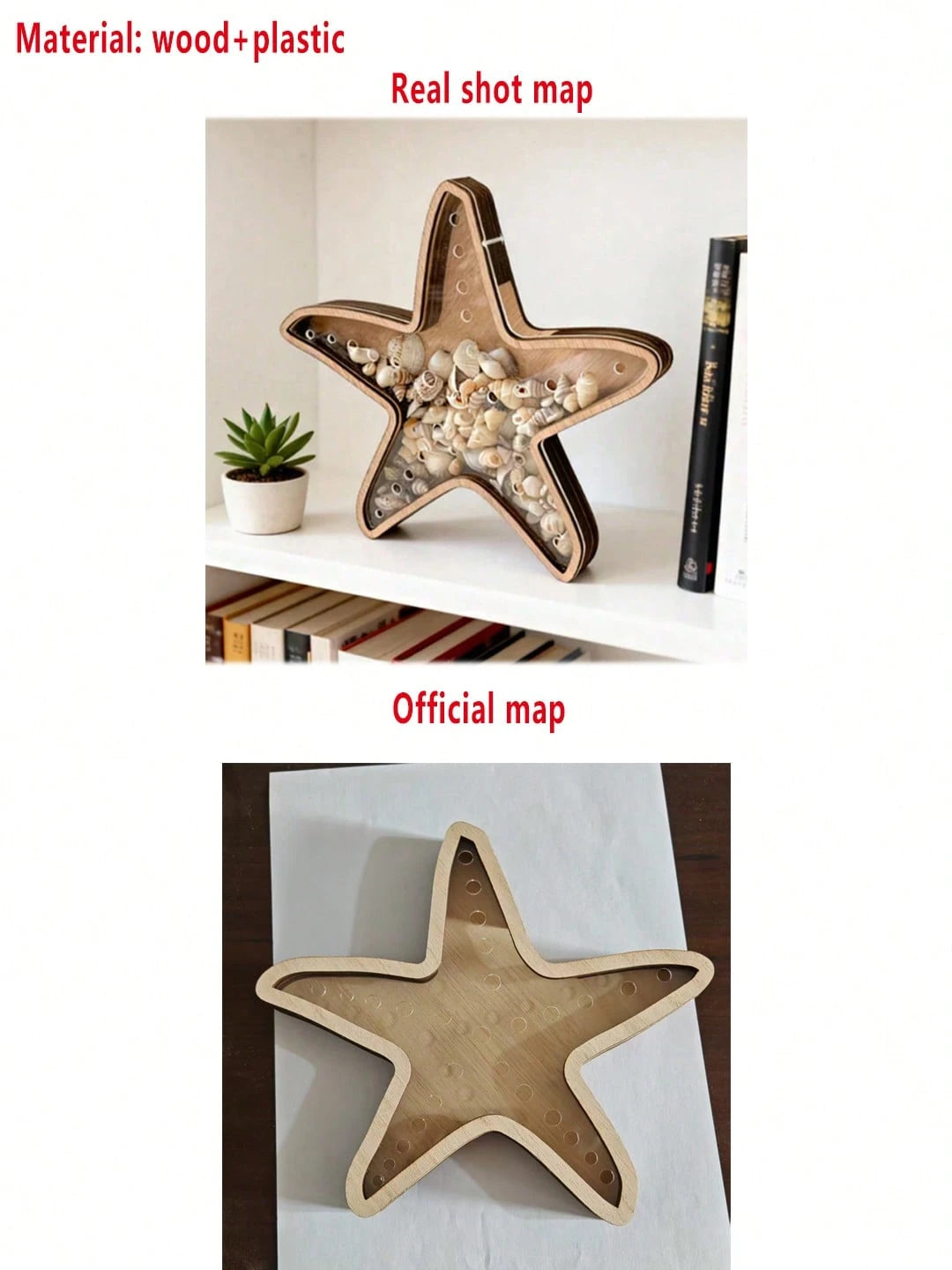 1pc Starfish Desktop Display Stand Ocean Theme Decor Jewelry Storage Rack Wooden Transparent Coin Bank Starfish Display Box Creative Wooden