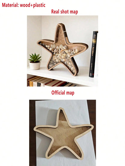 1pc Starfish Desktop Display Stand Ocean Theme Decor Jewelry Storage Rack Wooden Transparent Coin Bank Starfish Display Box Creative Wooden
