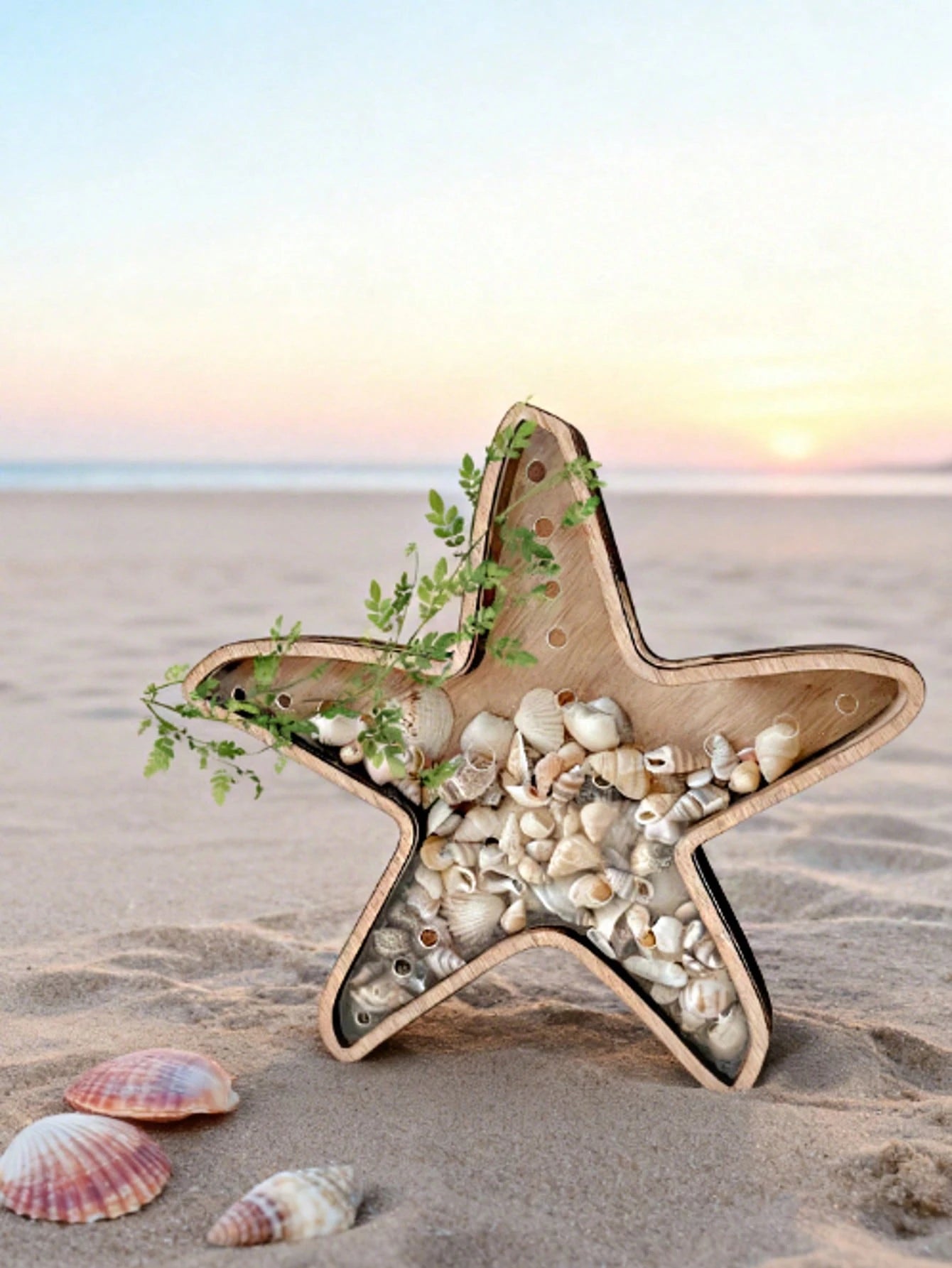 1pc Starfish Desktop Display Stand Ocean Theme Decor Jewelry Storage Rack Wooden Transparent Coin Bank Starfish Display Box Creative Wooden
