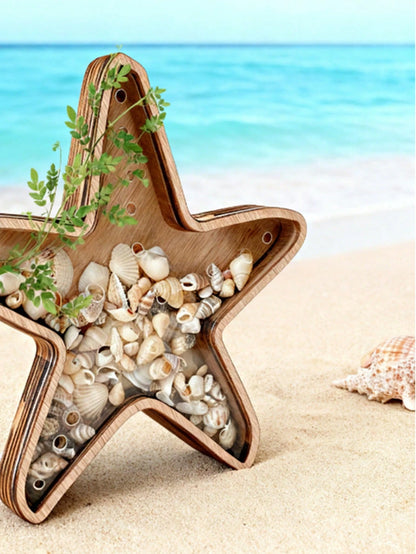 1pc Starfish Desktop Display Stand Ocean Theme Decor Jewelry Storage Rack Wooden Transparent Coin Bank Starfish Display Box Creative Wooden