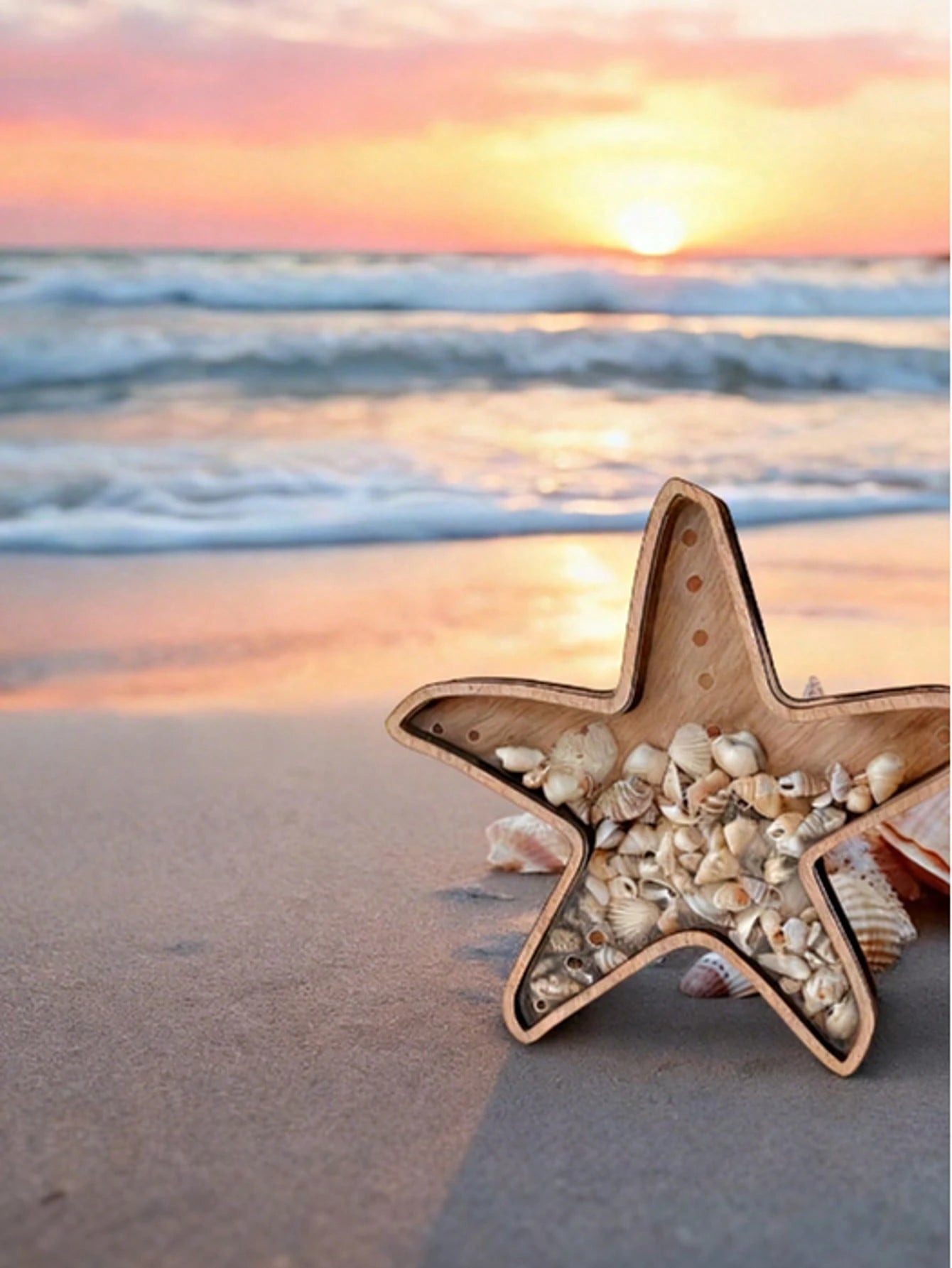 1pc Starfish Desktop Display Stand Ocean Theme Decor Jewelry Storage Rack Wooden Transparent Coin Bank Starfish Display Box Creative Wooden
