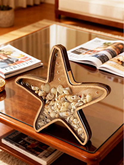 1pc Starfish Desktop Display Stand Ocean Theme Decor Jewelry Storage Rack Wooden Transparent Coin Bank Starfish Display Box Creative Wooden